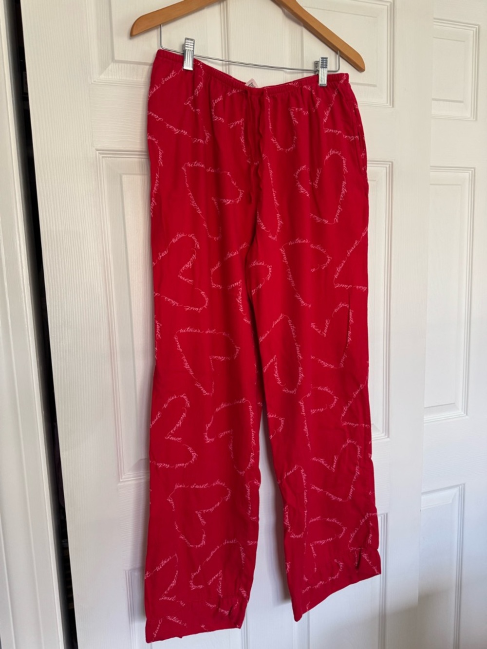 Victoria's Secret Red Lounge Pants with White Script Hearts